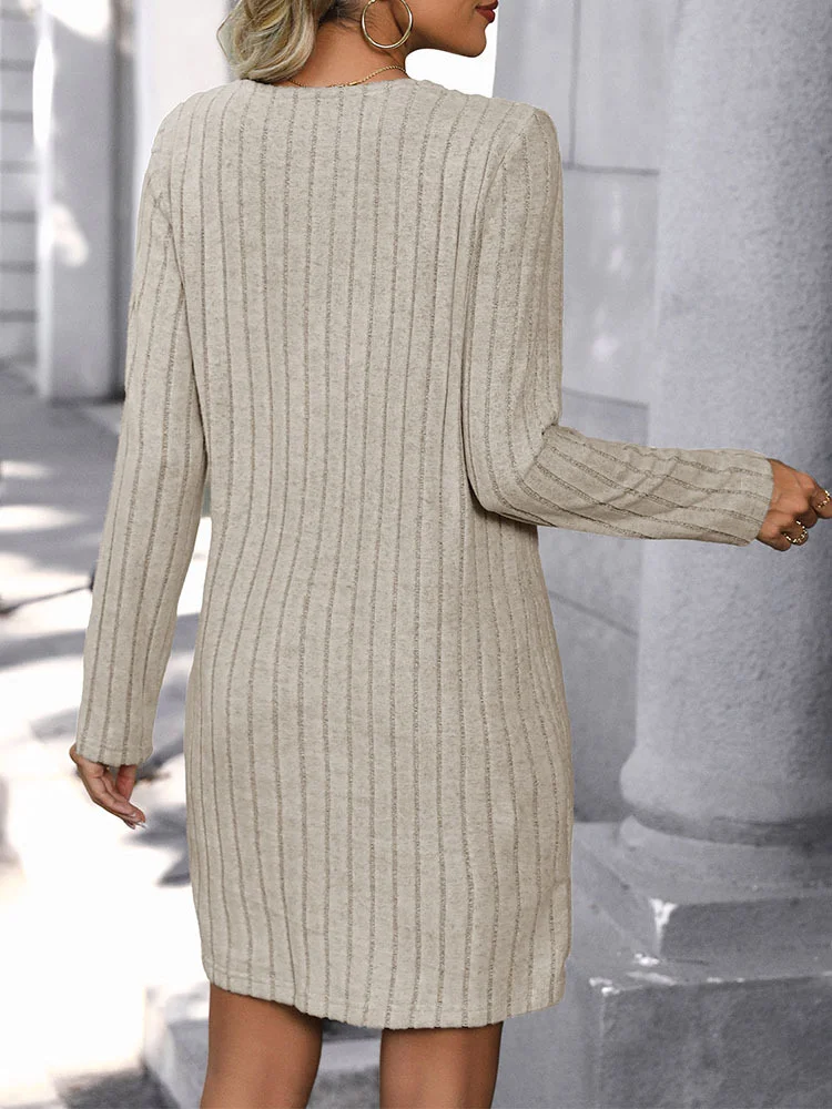 Women Plain Asymmetrical Long Sleeve Comfy Casual Buckle Knee Length Dress