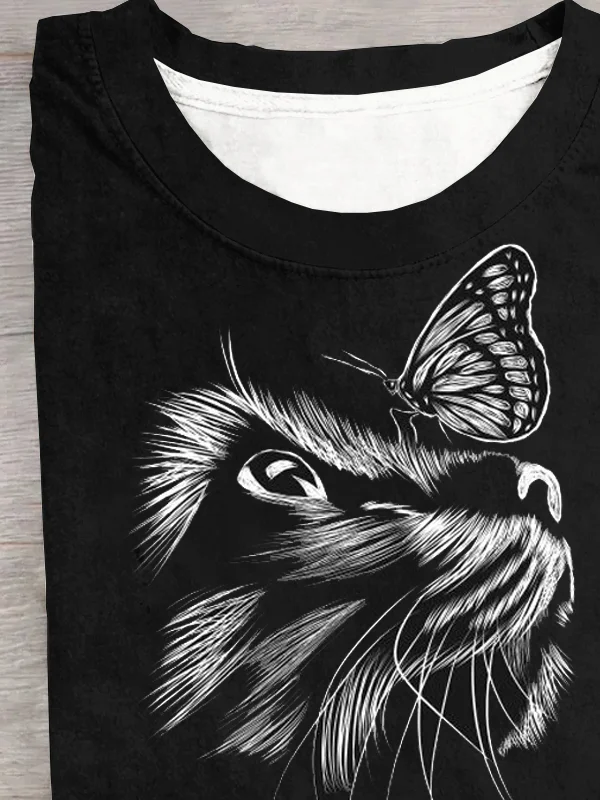 Casual Cat Crew Neck Short Sleeve T-shirt