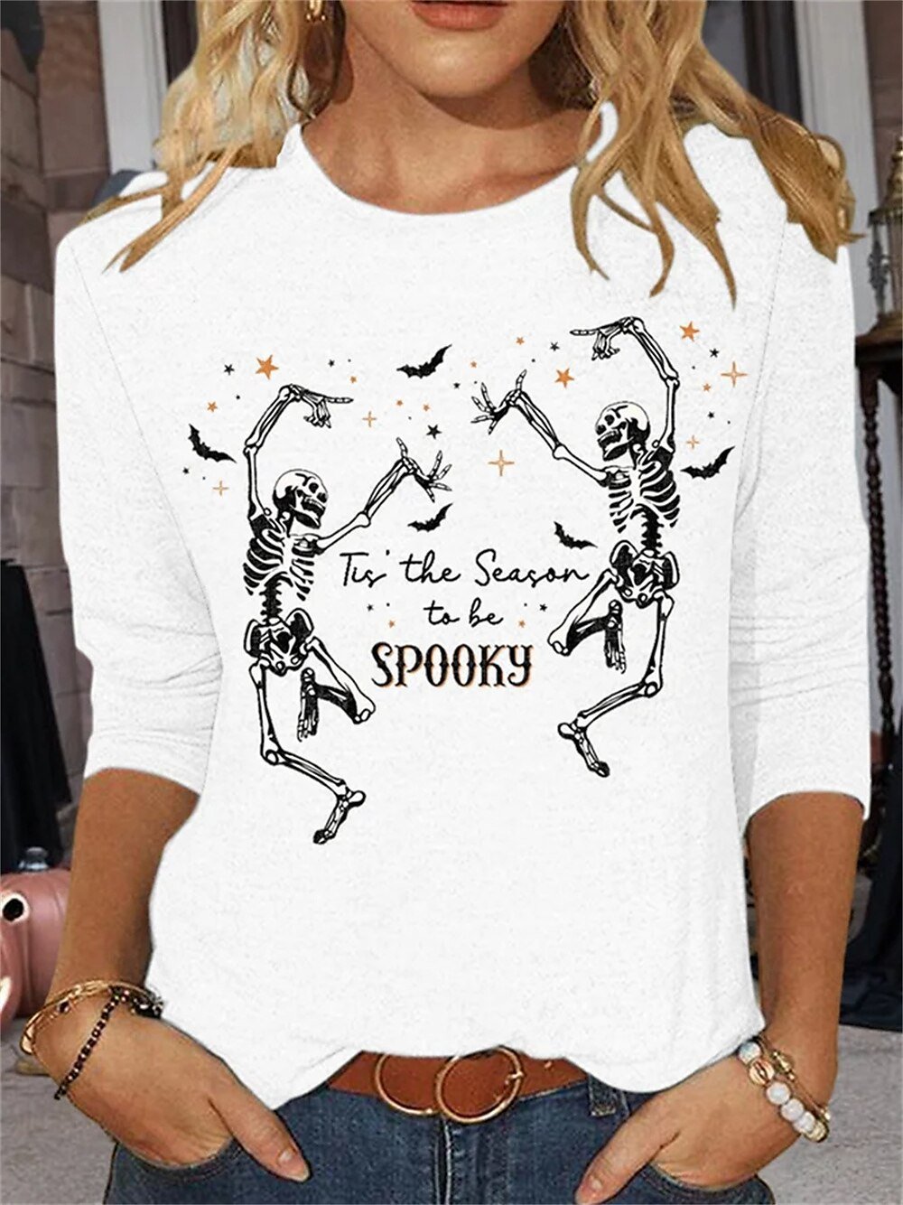 Casual Halloween Crew Neck Three Quarter Sleeve T-shirt