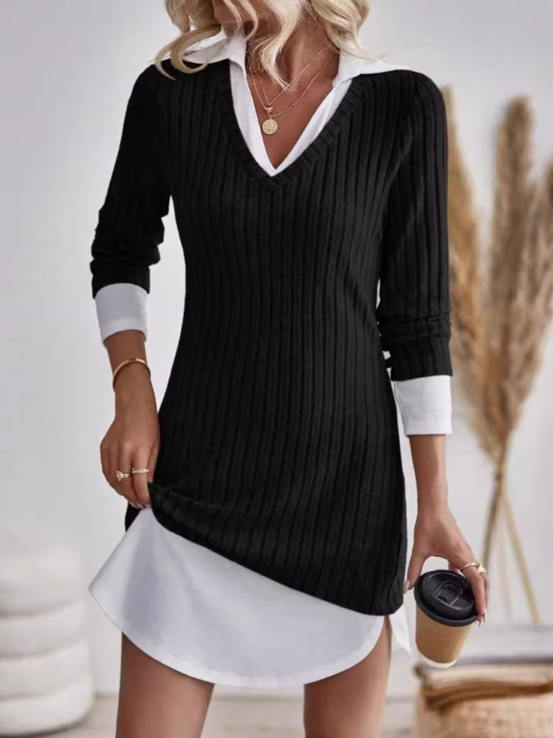 Women Color Block V Neck Long Sleeve Comfy Casual Mini Dress