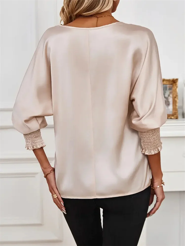 V Neck Long Sleeve Plain Regular Loose Blouse For Women