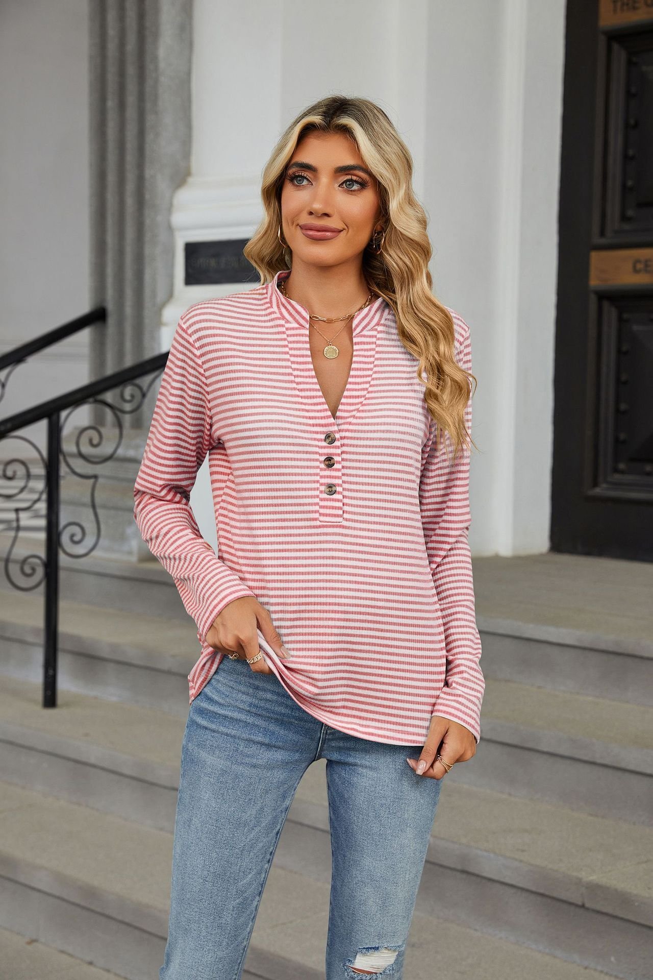 V Neck Long Sleeve Striped Buckle Regular Medium Elasticity Regular Fit Blouse For Women