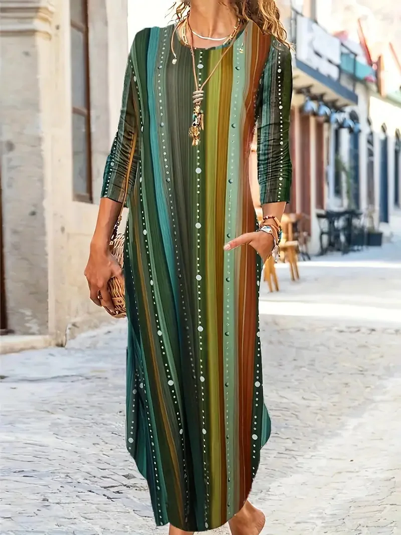 Women Geometric Long Sleeve Comfy Casual Maxi Dress