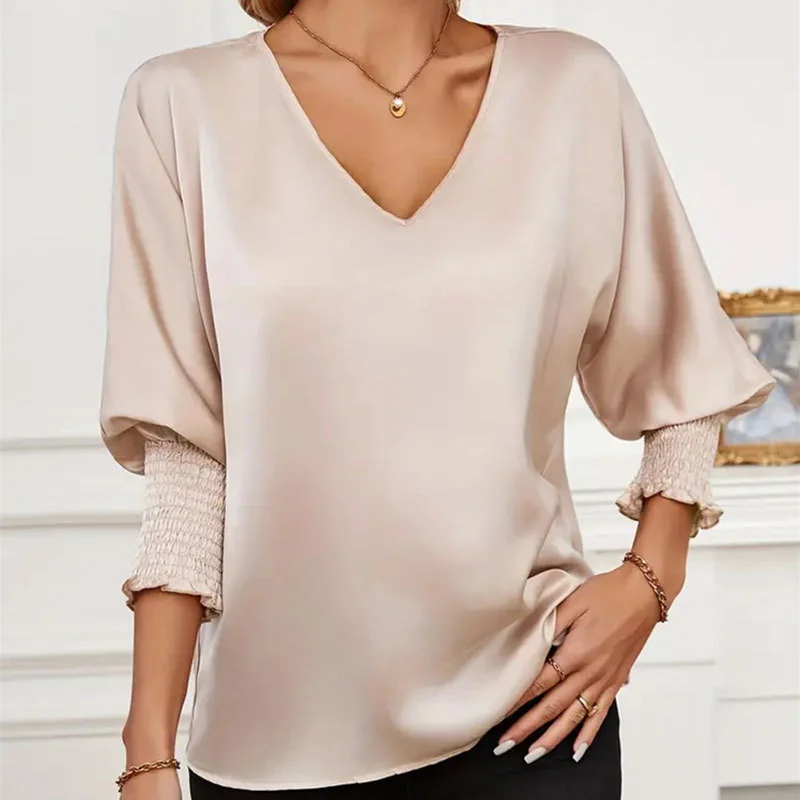 V Neck Long Sleeve Plain Regular Loose Blouse For Women