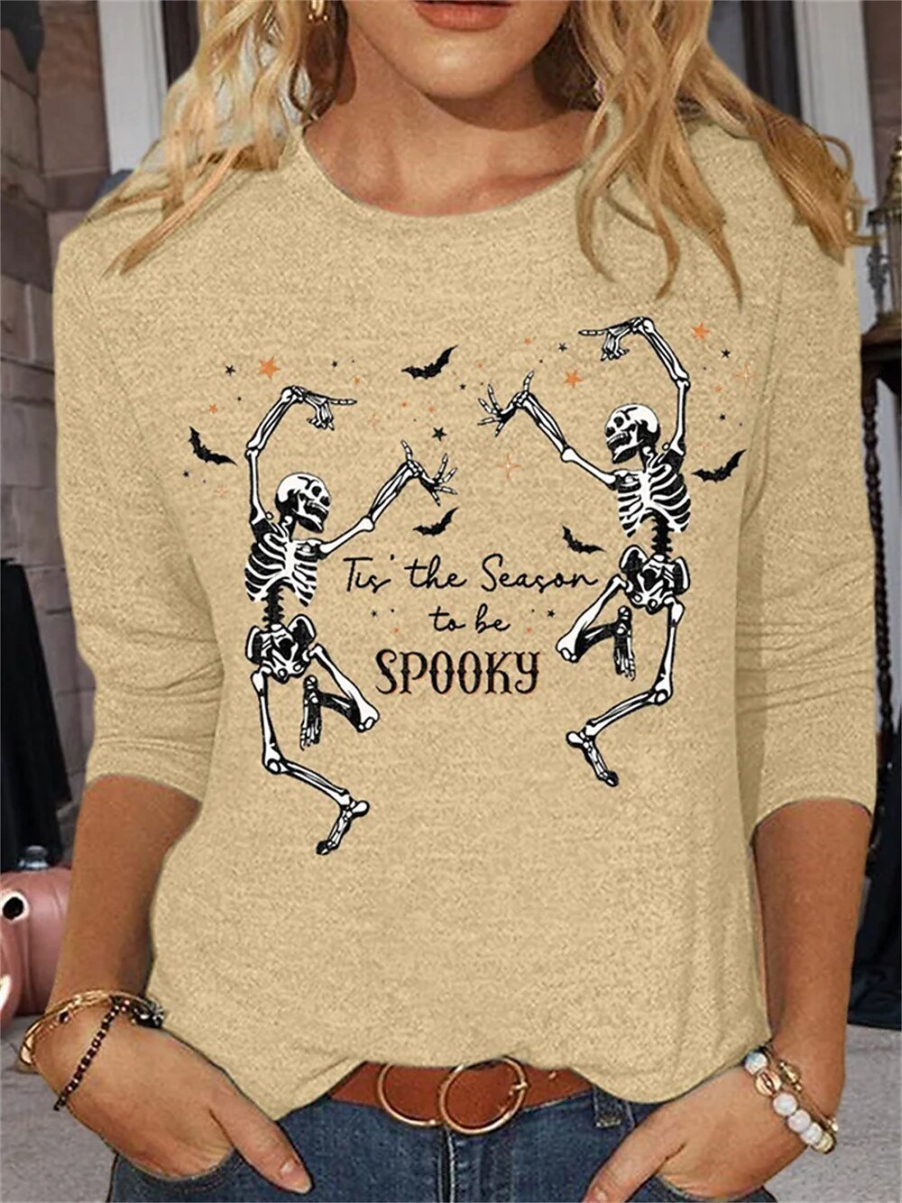 Casual Halloween Crew Neck Three Quarter Sleeve T-shirt