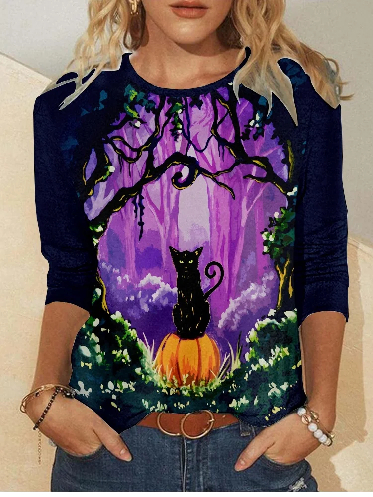 Casual Halloween Pumpkins And Cat Print Crew Neck Long Sleeve T-shirt