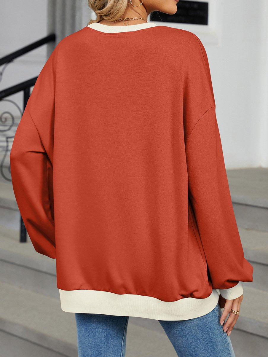 Casual V Neck Contrast Stitching Sweatshirt Split Joint