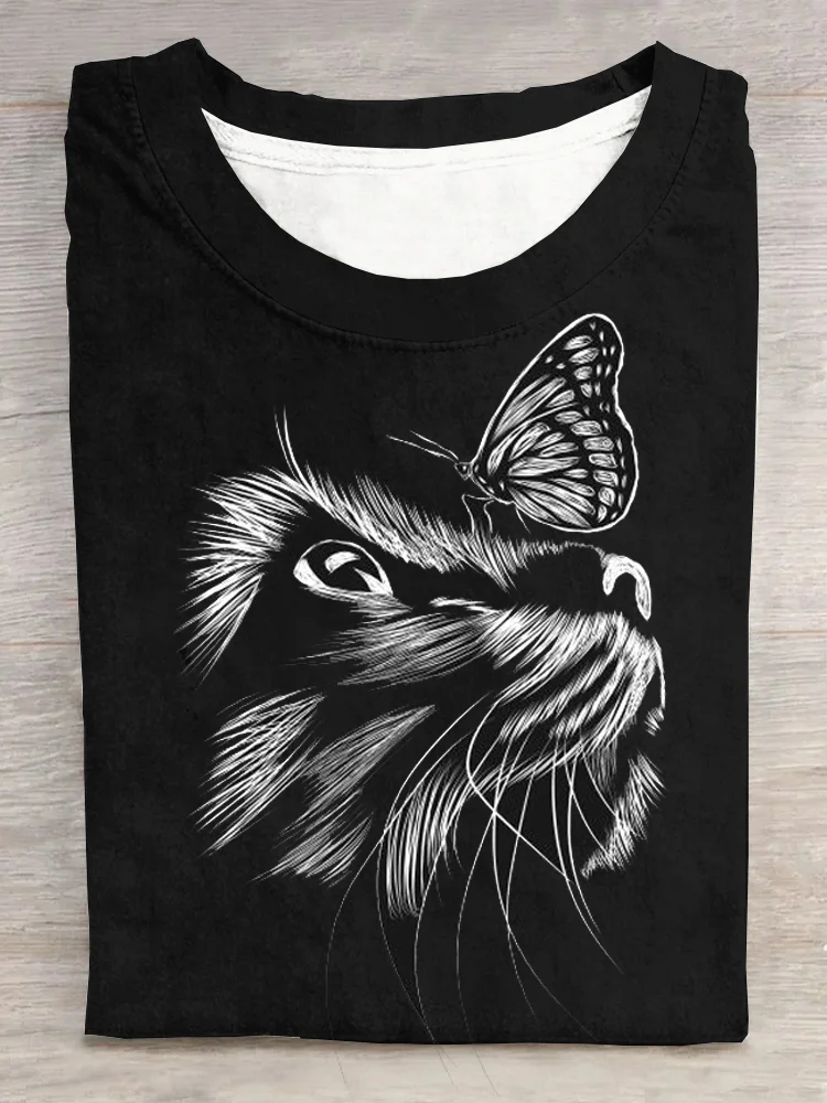 Casual Cat Crew Neck Short Sleeve T-shirt