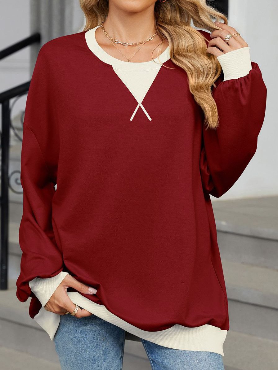 Casual V Neck Contrast Stitching Sweatshirt Split Joint