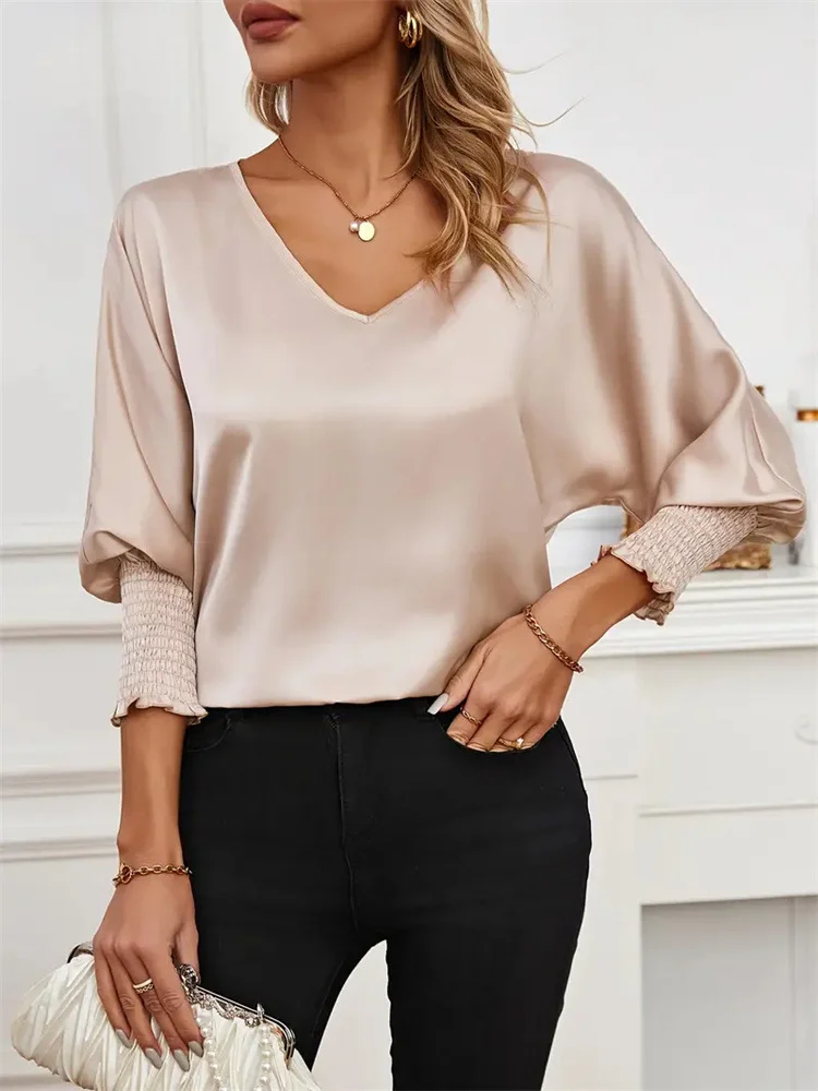 V Neck Long Sleeve Plain Regular Loose Blouse For Women