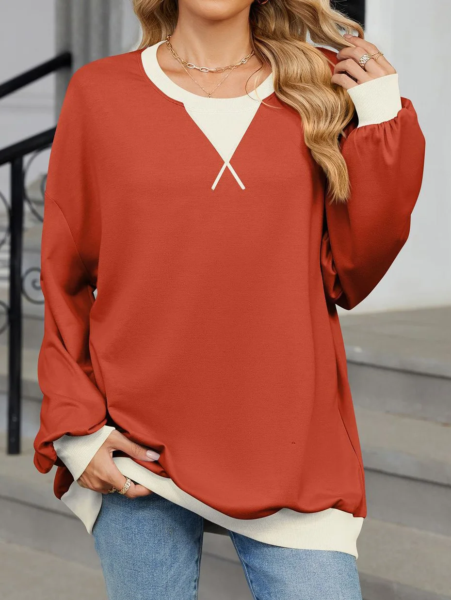 Casual V Neck Contrast Stitching Sweatshirt Split Joint