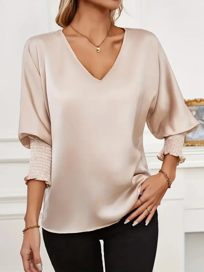 V Neck Long Sleeve Plain Regular Loose Blouse For Women