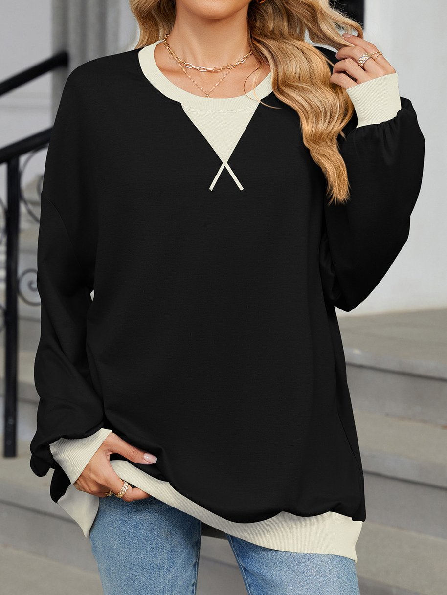 Casual V Neck Contrast Stitching Sweatshirt Split Joint