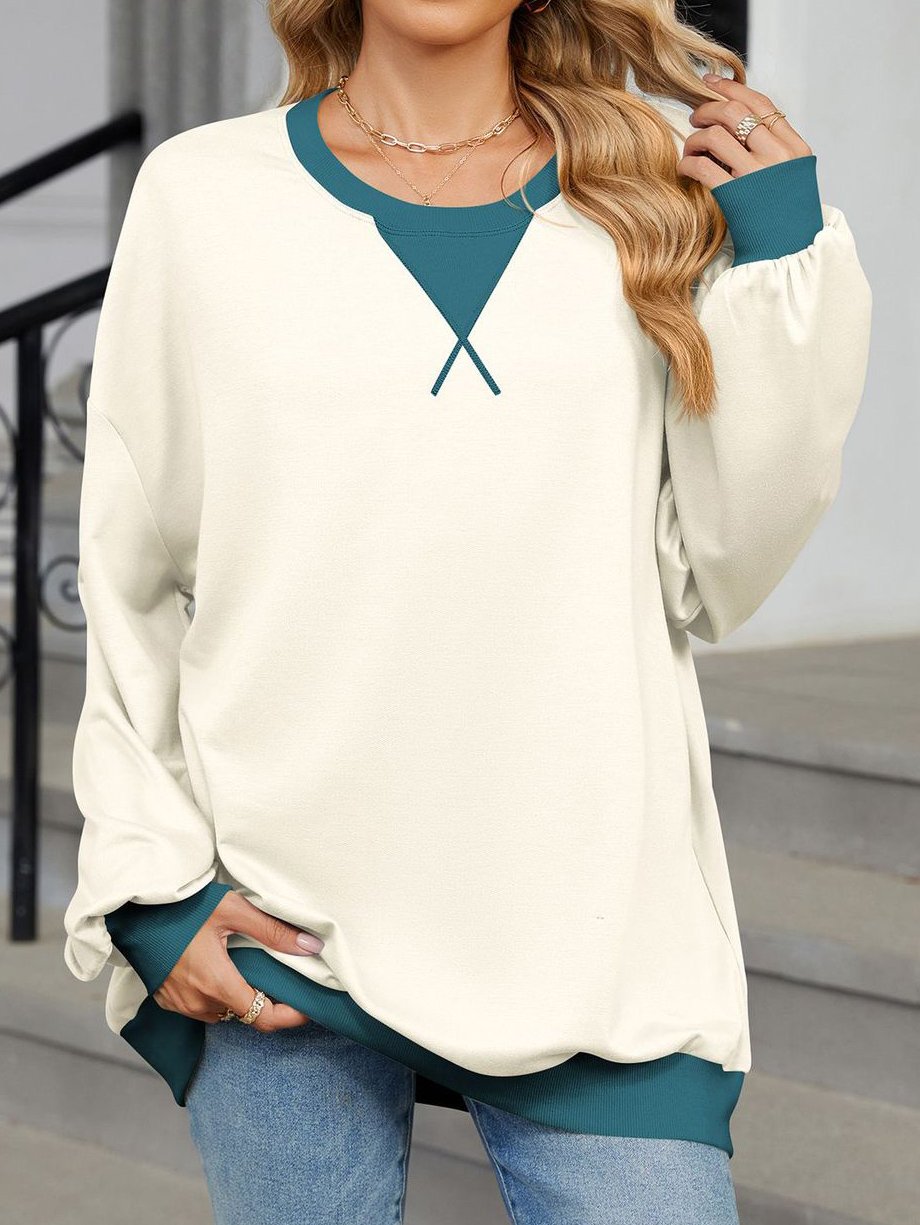 Casual V Neck Contrast Stitching Sweatshirt Split Joint