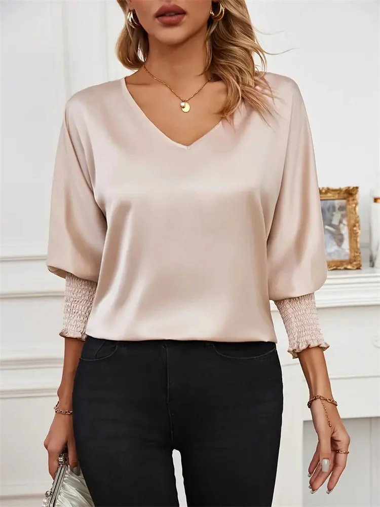 V Neck Long Sleeve Plain Regular Loose Blouse For Women