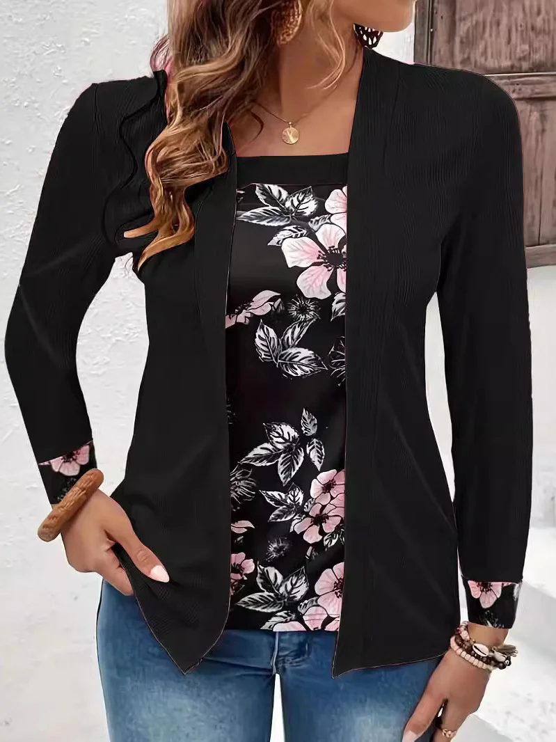 Square Neck Long Sleeve Floral Regular Loose Mock Two-Piece Blouse For Women