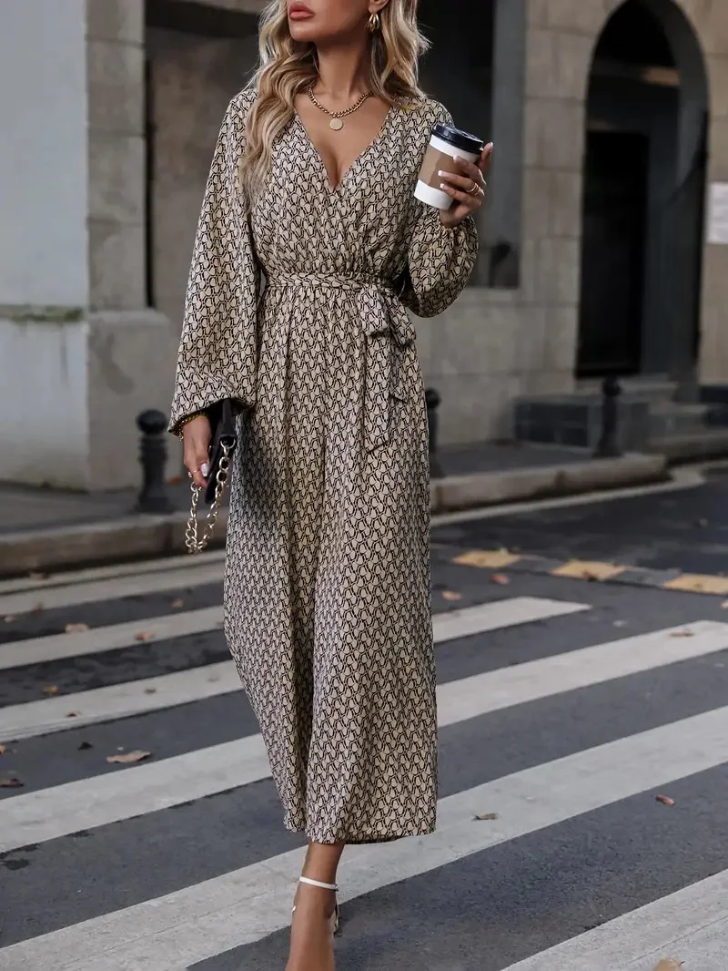 Women Long Sleeve V Neck Regular Fit Long Daily Casual Geometric Natural Jumpsuit