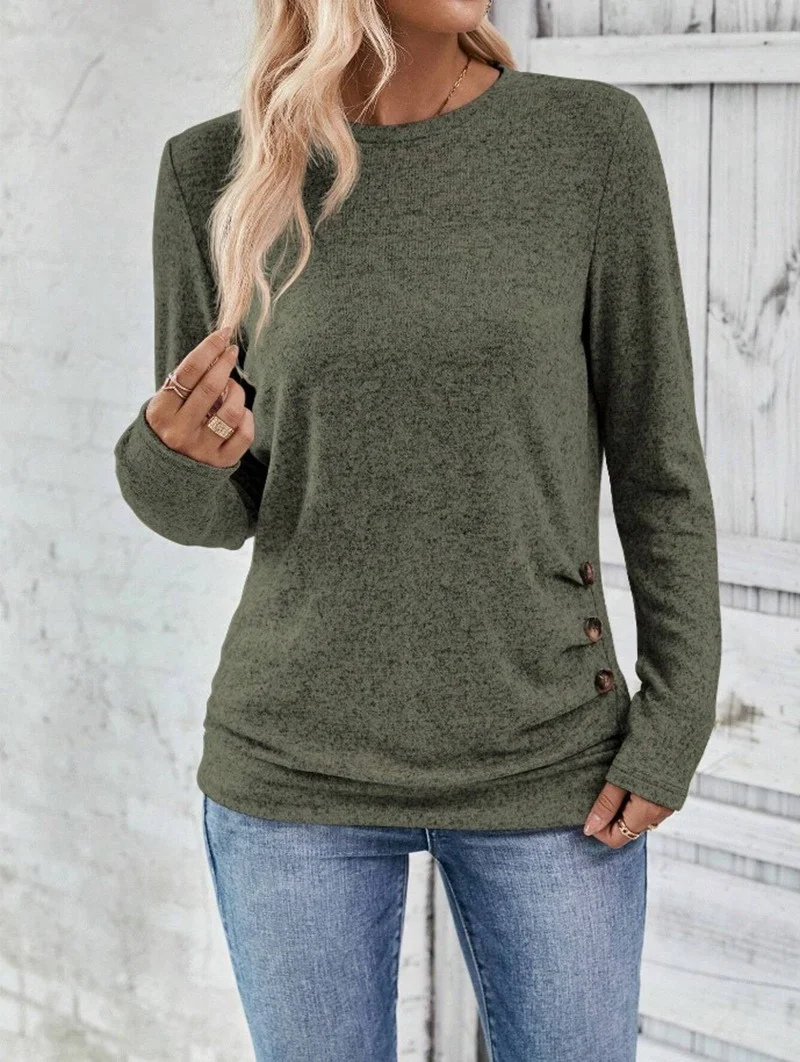 Crew Neck Long Sleeve Plain Zipper Regular Loose Blouse For Women