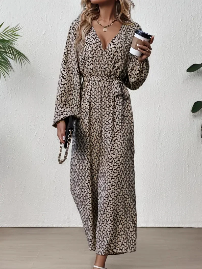 Women Long Sleeve V Neck Regular Fit Long Daily Casual Geometric Natural Jumpsuit