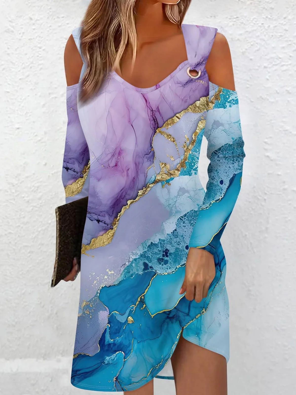 Women Abstract Crew Neck Long Sleeve Comfy Casual Midi Dress