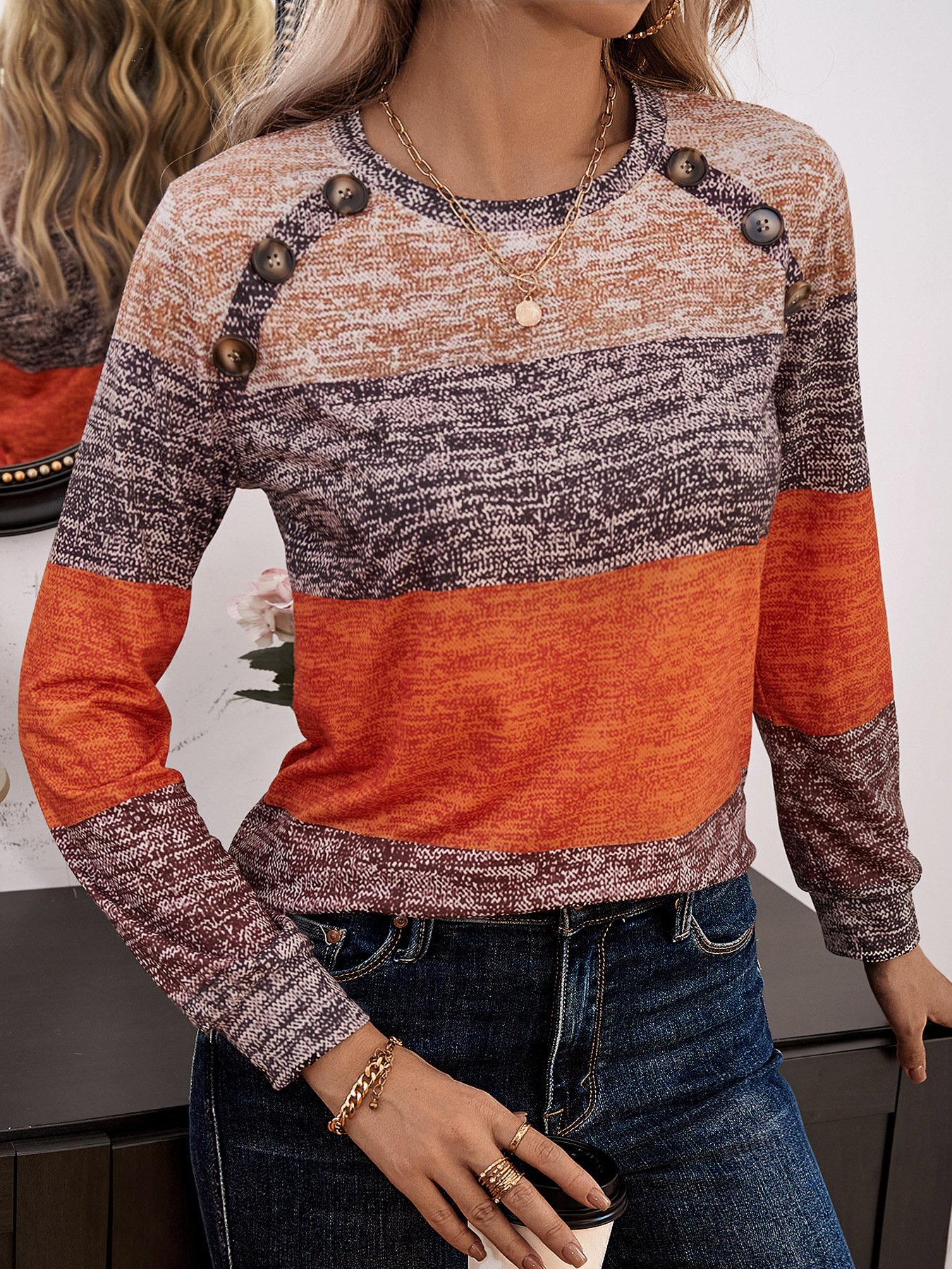 Casual Color Block Notched Long Sleeve T-shirt