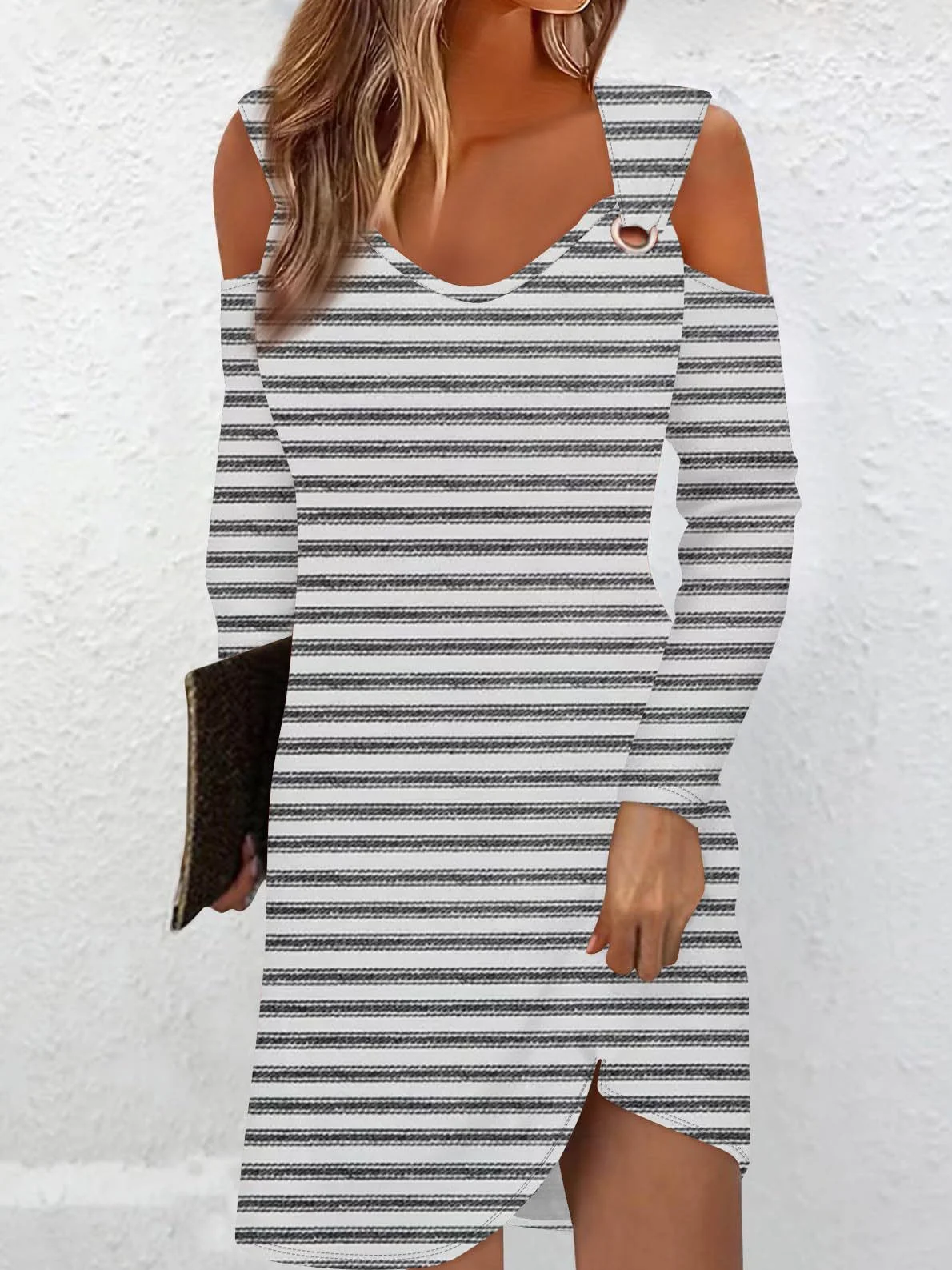 Women Striped Crew Neck Long Sleeve Comfy Casual Midi Dress