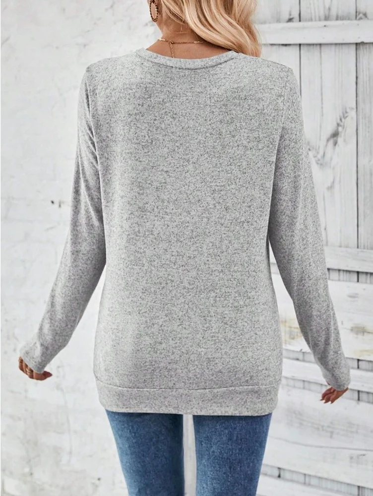 Crew Neck Long Sleeve Plain Zipper Regular Loose Blouse For Women