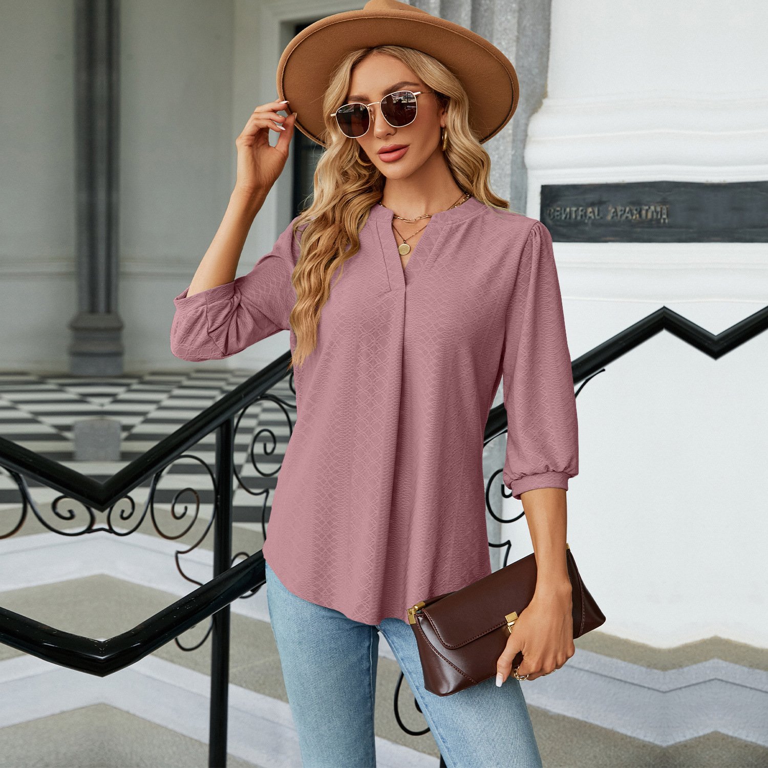 V Neck Balloon Sleeve Half Sleeve Plain Regular Regular Fit Shirt For Women