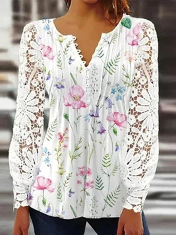 V Neck Long Sleeve Floral Lace Regular Loose Blouse For Women