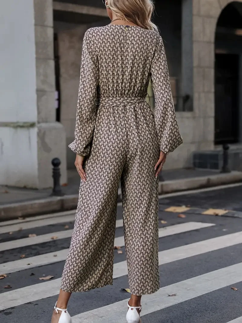 Women Long Sleeve V Neck Regular Fit Long Daily Casual Geometric Natural Jumpsuit