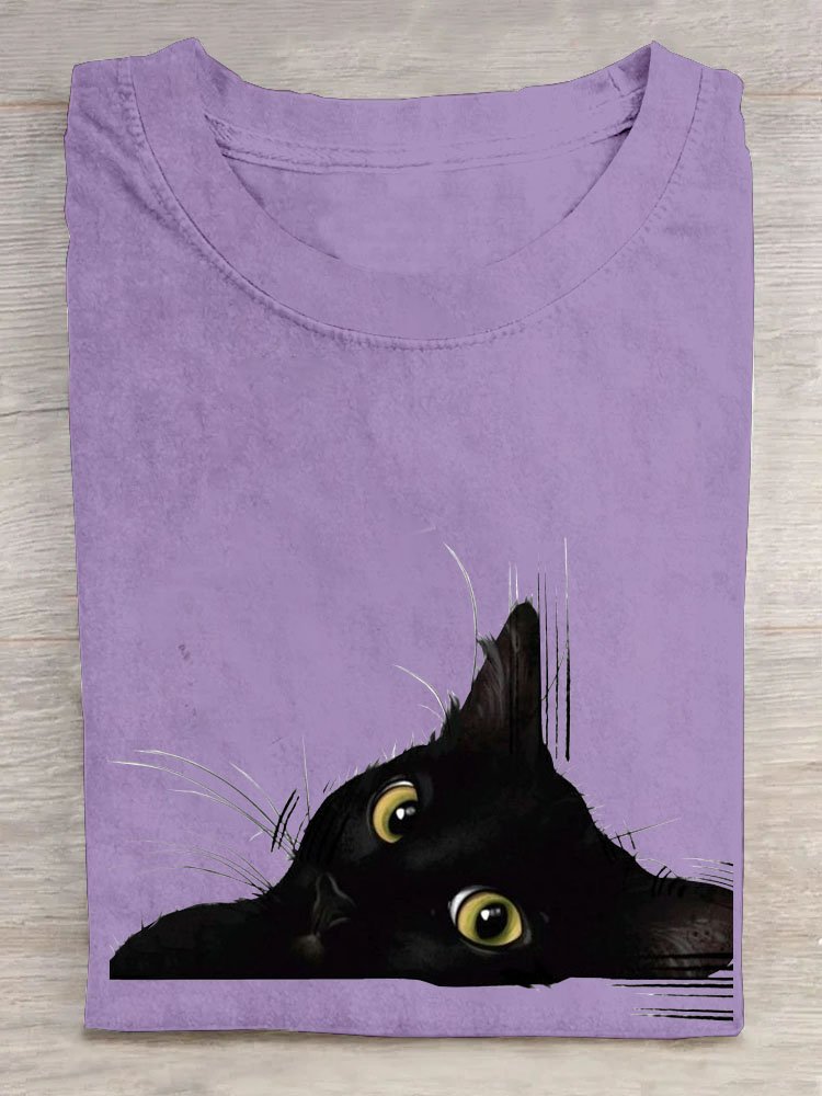 Casual Cat Crew Neck Short Sleeve T-shirt