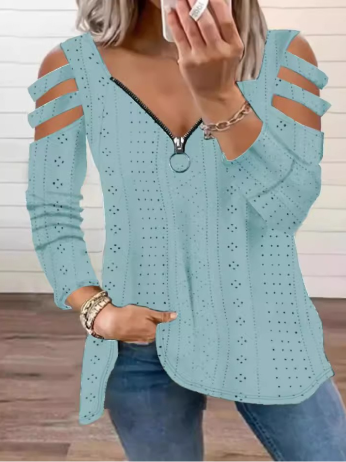 V Neck Long Sleeve Floral Zipper Regular Loose Blouse For Women