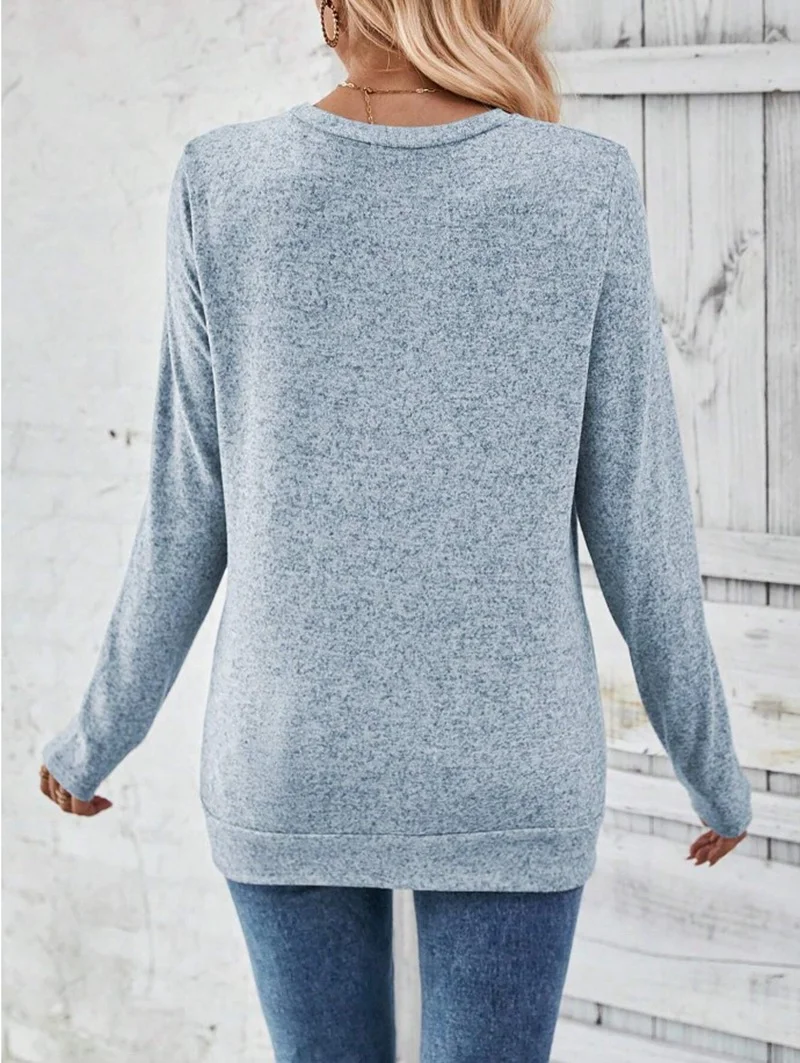 Crew Neck Long Sleeve Plain Zipper Regular Loose Blouse For Women