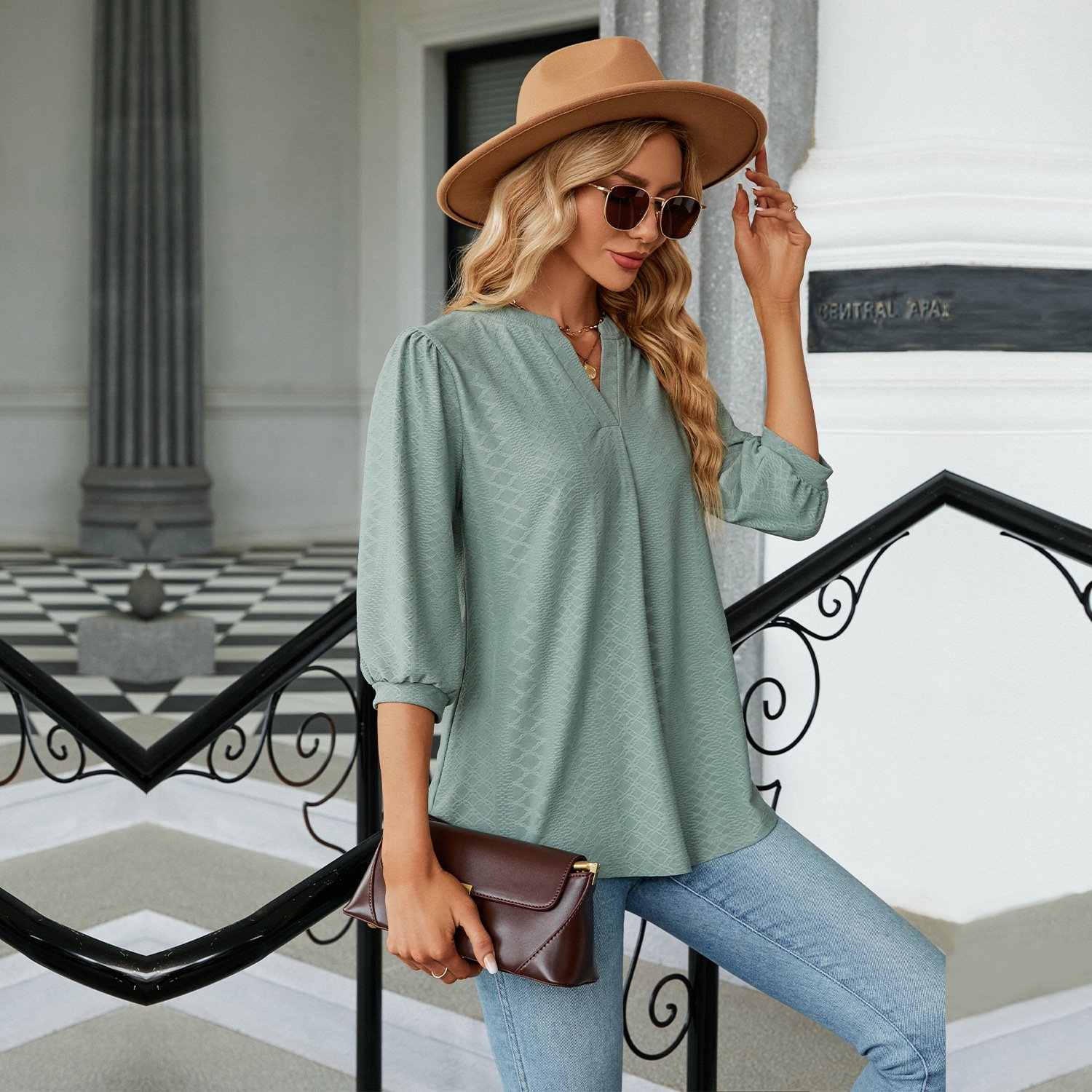 V Neck Balloon Sleeve Half Sleeve Plain Regular Regular Fit Shirt For Women