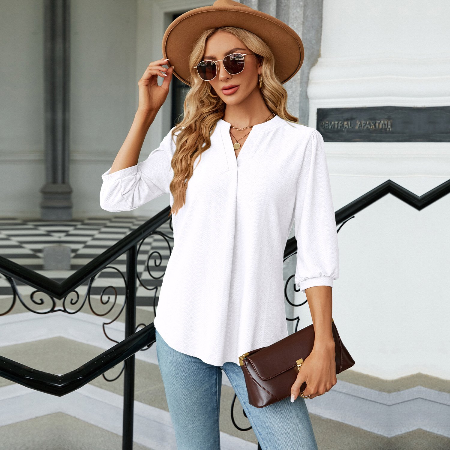 V Neck Balloon Sleeve Half Sleeve Plain Regular Regular Fit Shirt For Women