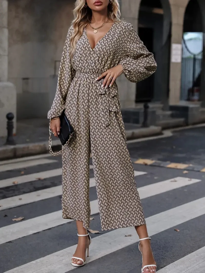 Women Long Sleeve V Neck Regular Fit Long Daily Casual Geometric Natural Jumpsuit