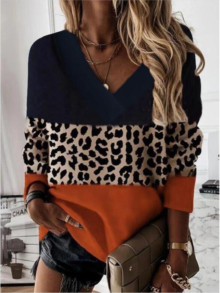 Casual V Neck Color Block Sweatshirt