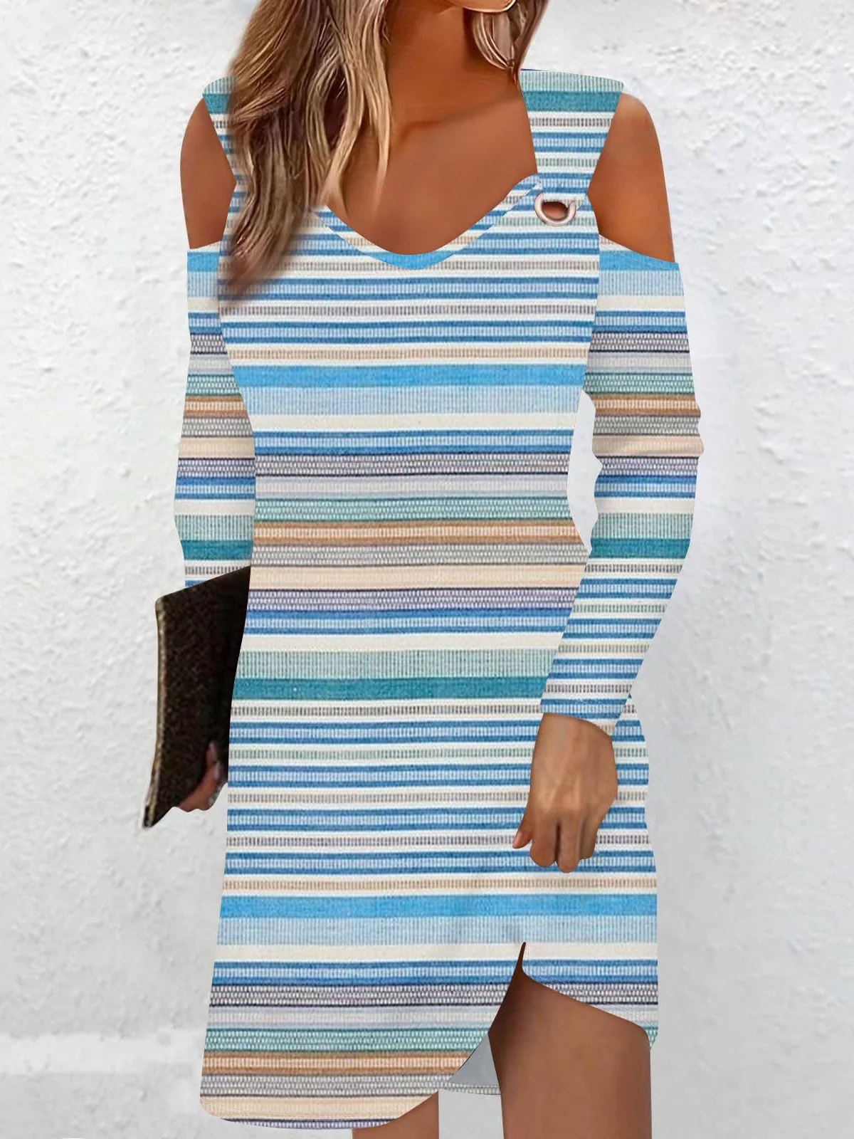 Women Striped Crew Neck Long Sleeve Comfy Casual Midi Dress