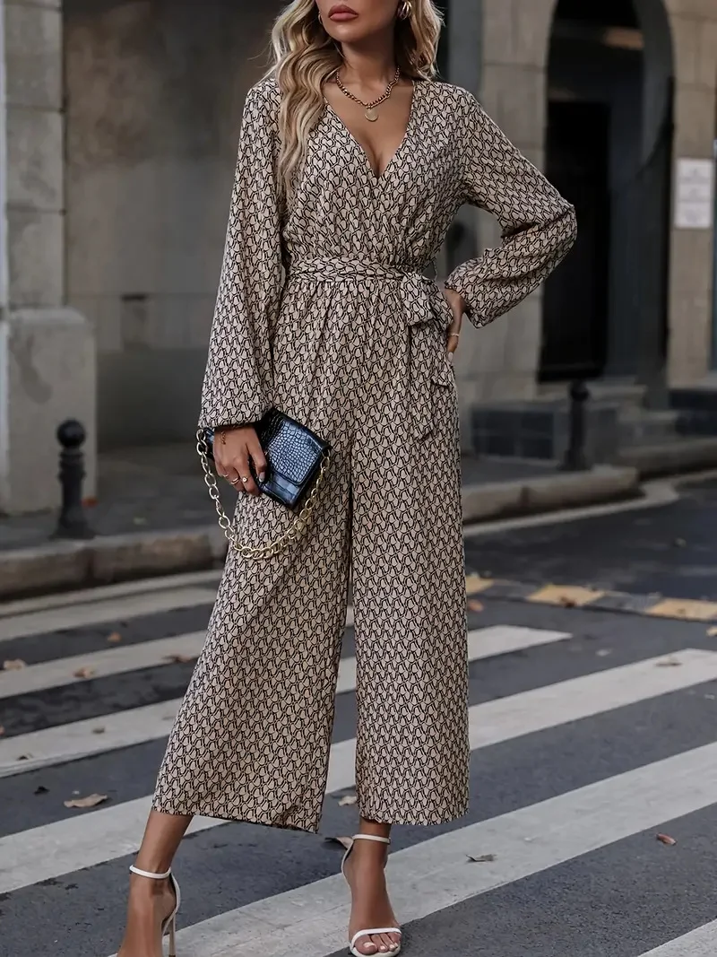 Women Long Sleeve V Neck Regular Fit Long Daily Casual Geometric Natural Jumpsuit