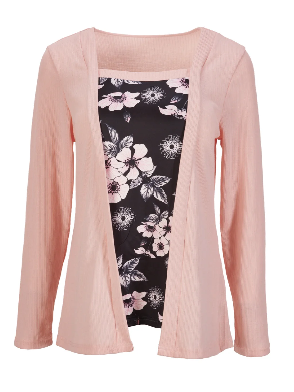 Square Neck Long Sleeve Floral Regular Micro-Elasticity Loose Mock Two-Piece Blouse For Women