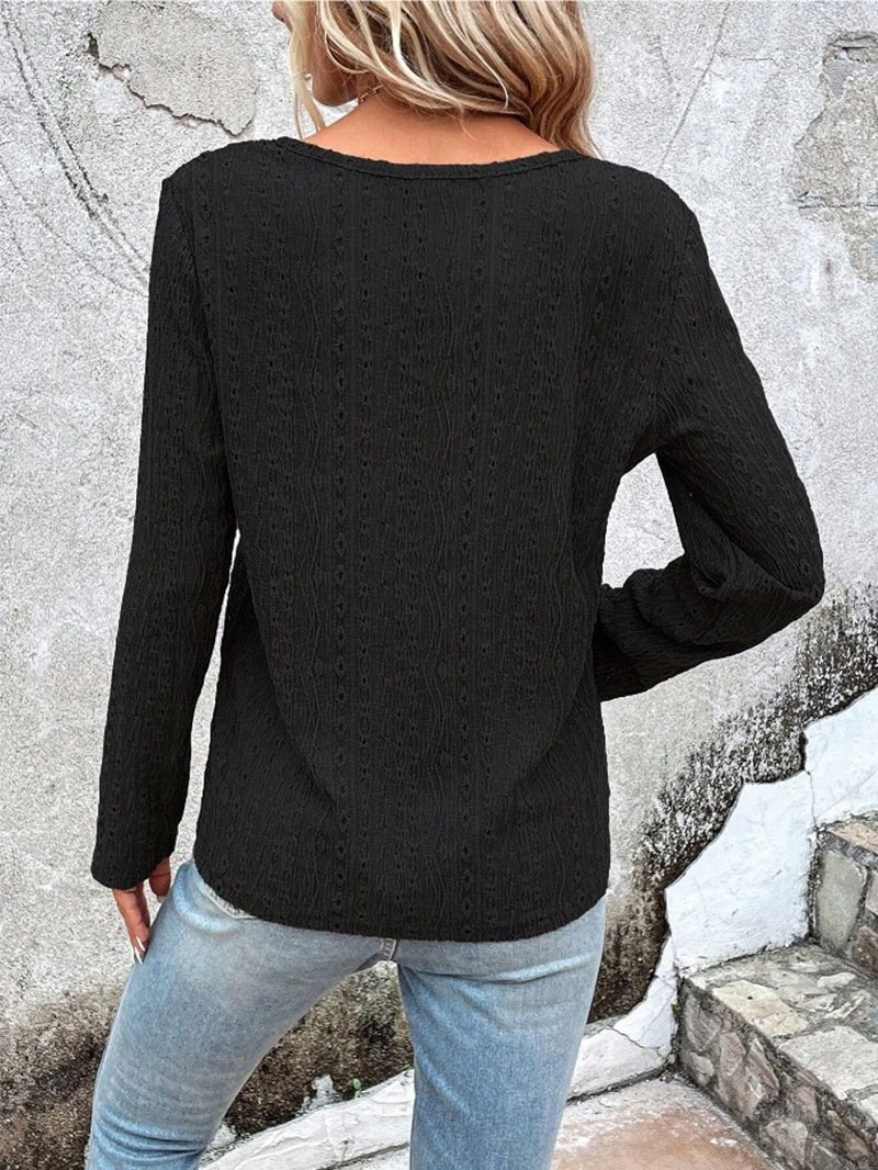 Crew Neck Long Sleeve Plain Zipper Regular Loose Blouse For Women