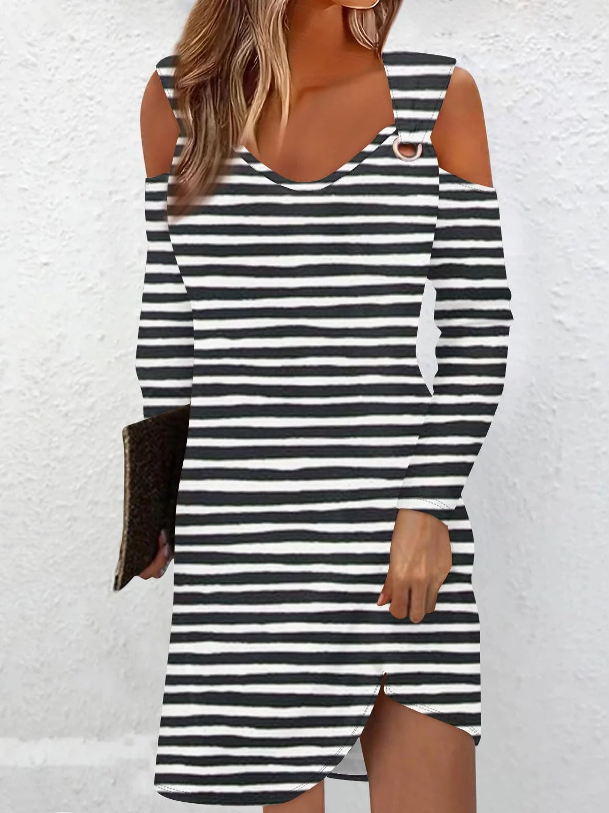 Women Striped Crew Neck Long Sleeve Comfy Casual Midi Dress