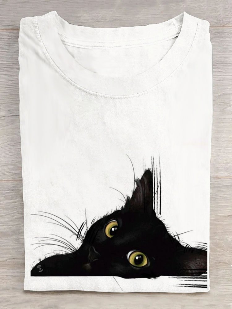 Casual Cat Crew Neck Short Sleeve T-shirt