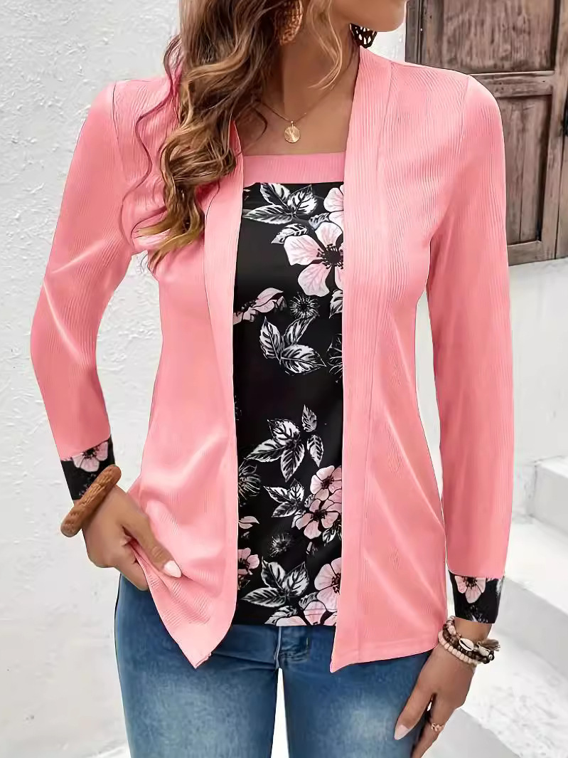 Square Neck Long Sleeve Floral Regular Loose Mock Two-Piece Blouse For Women