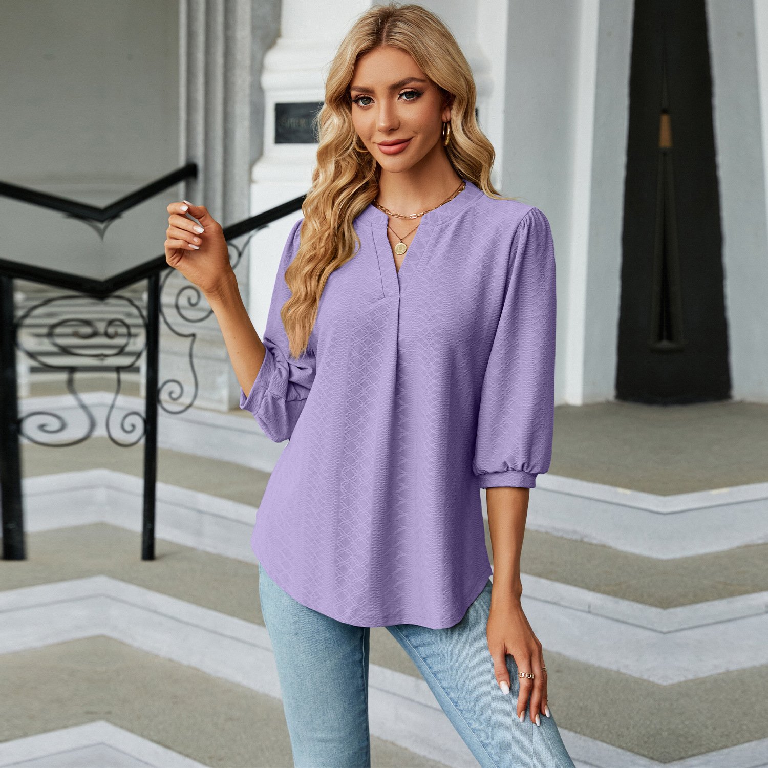 V Neck Balloon Sleeve Half Sleeve Plain Regular Regular Fit Shirt For Women