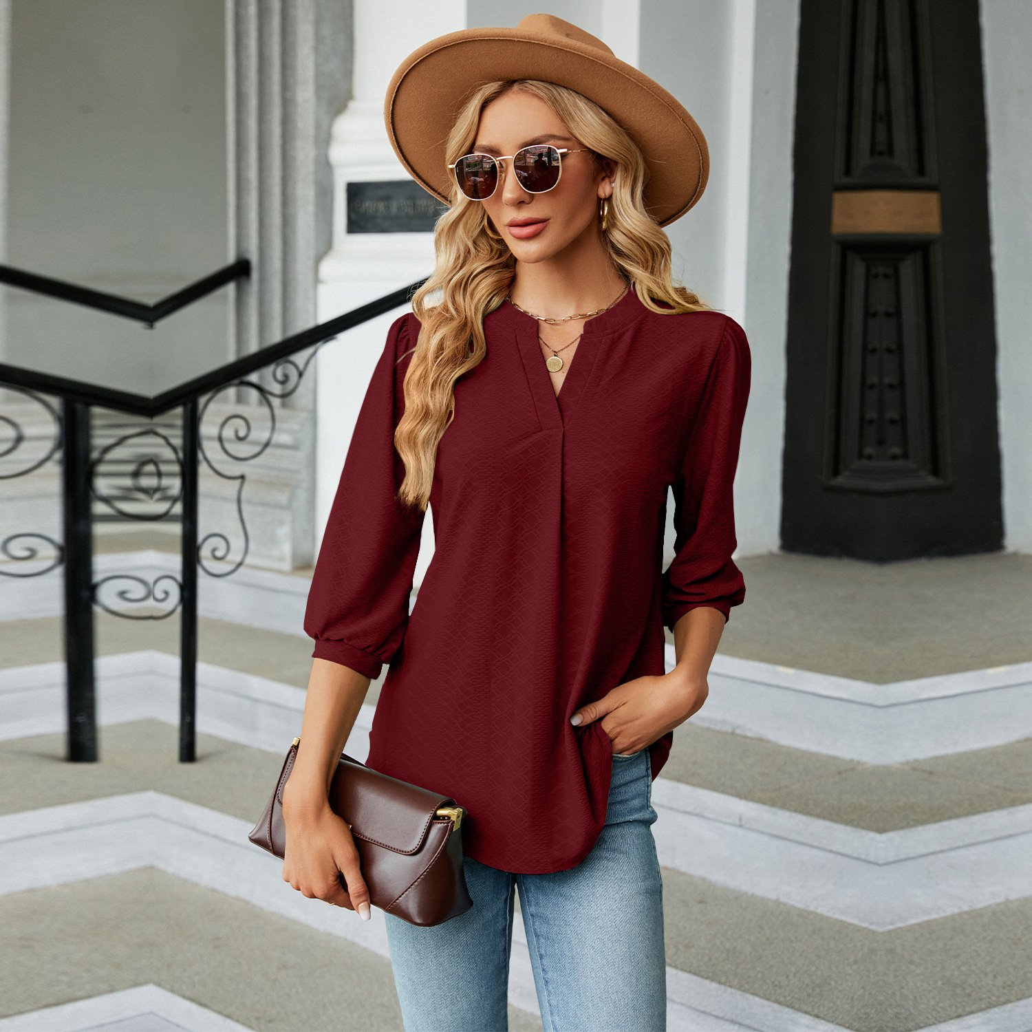 V Neck Balloon Sleeve Half Sleeve Plain Regular Regular Fit Shirt For Women