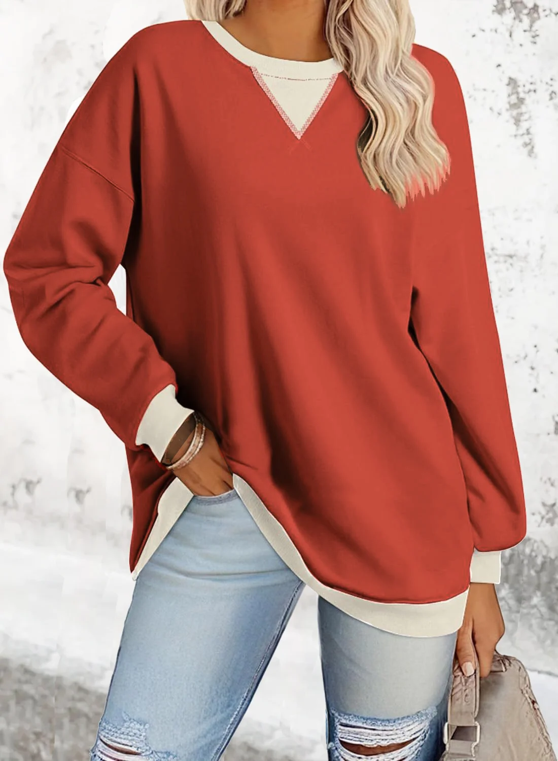 Casual V Neck Contrast Stitching Sweatshirt Split Joint