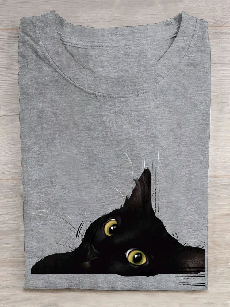 Casual Cat Crew Neck Short Sleeve T-shirt