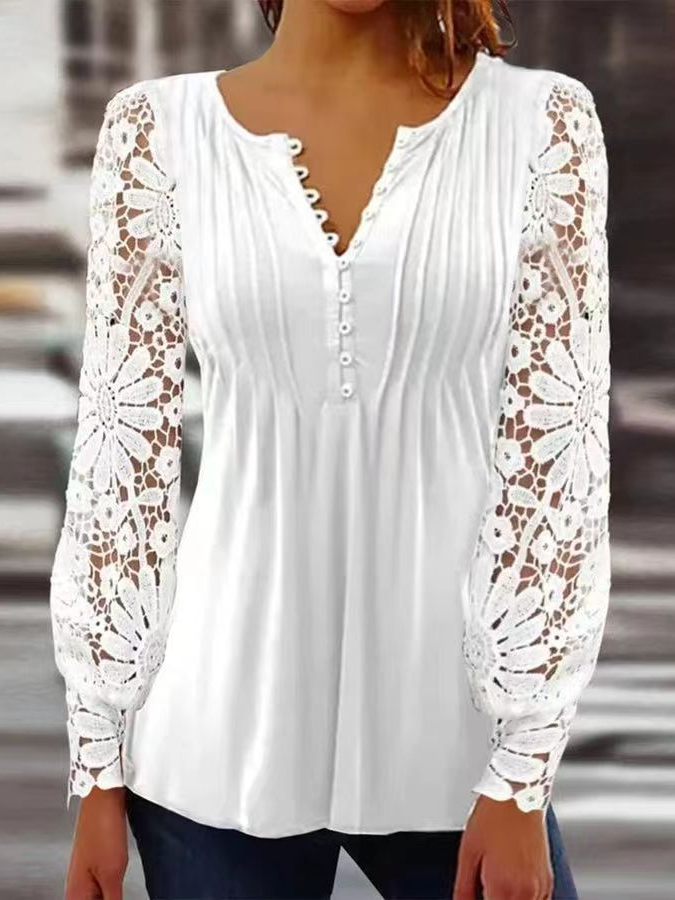 V Neck Long Sleeve Floral Lace Regular Loose Blouse For Women