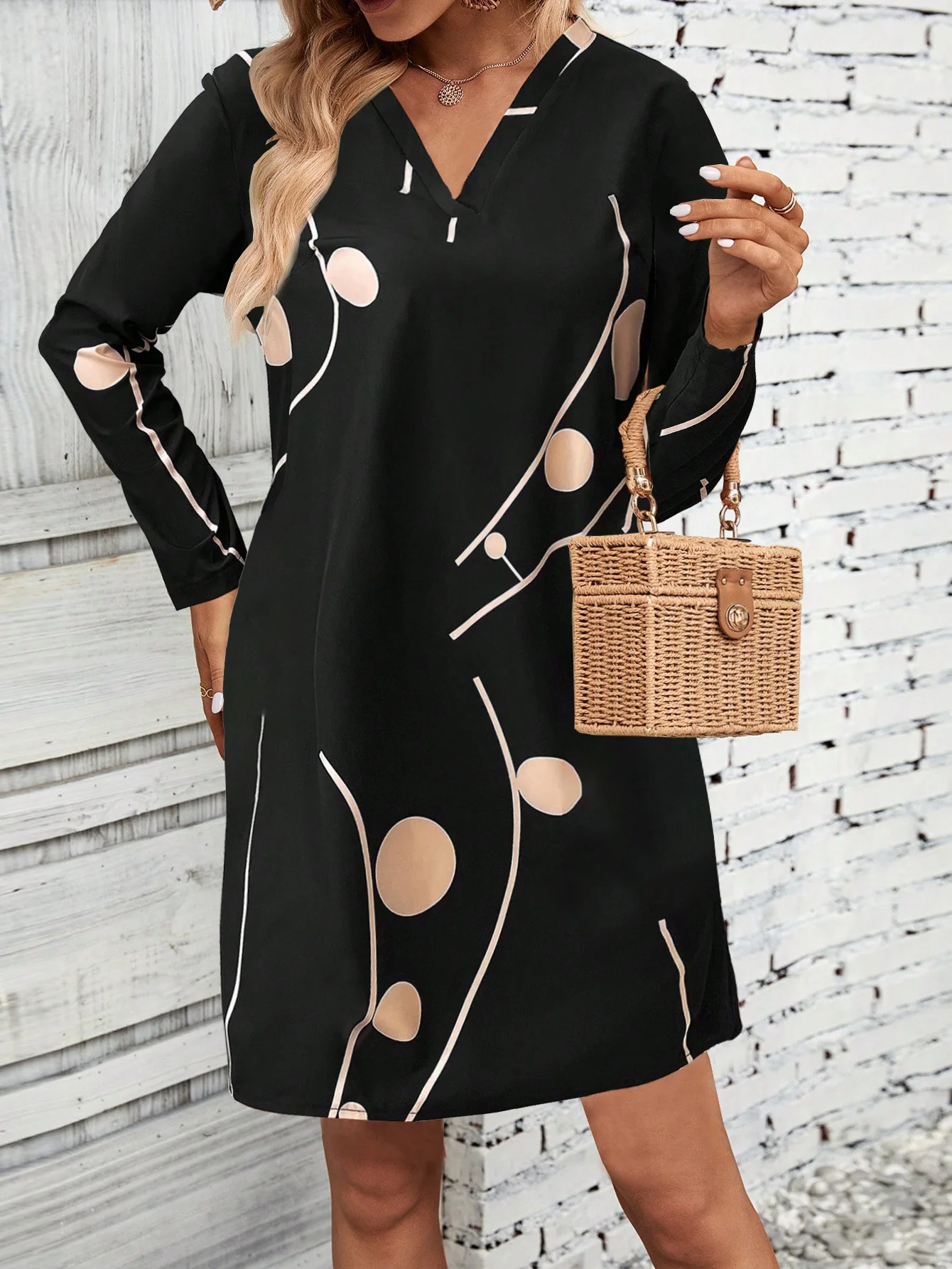 Women Polka Dots V Neck Long Sleeve Comfy Casual Mini Dress